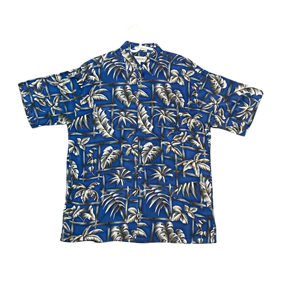 Campia‎ Moda Men's L Blue Tropical Palm Leaf Bamboo Print SS Button Up Shirt
